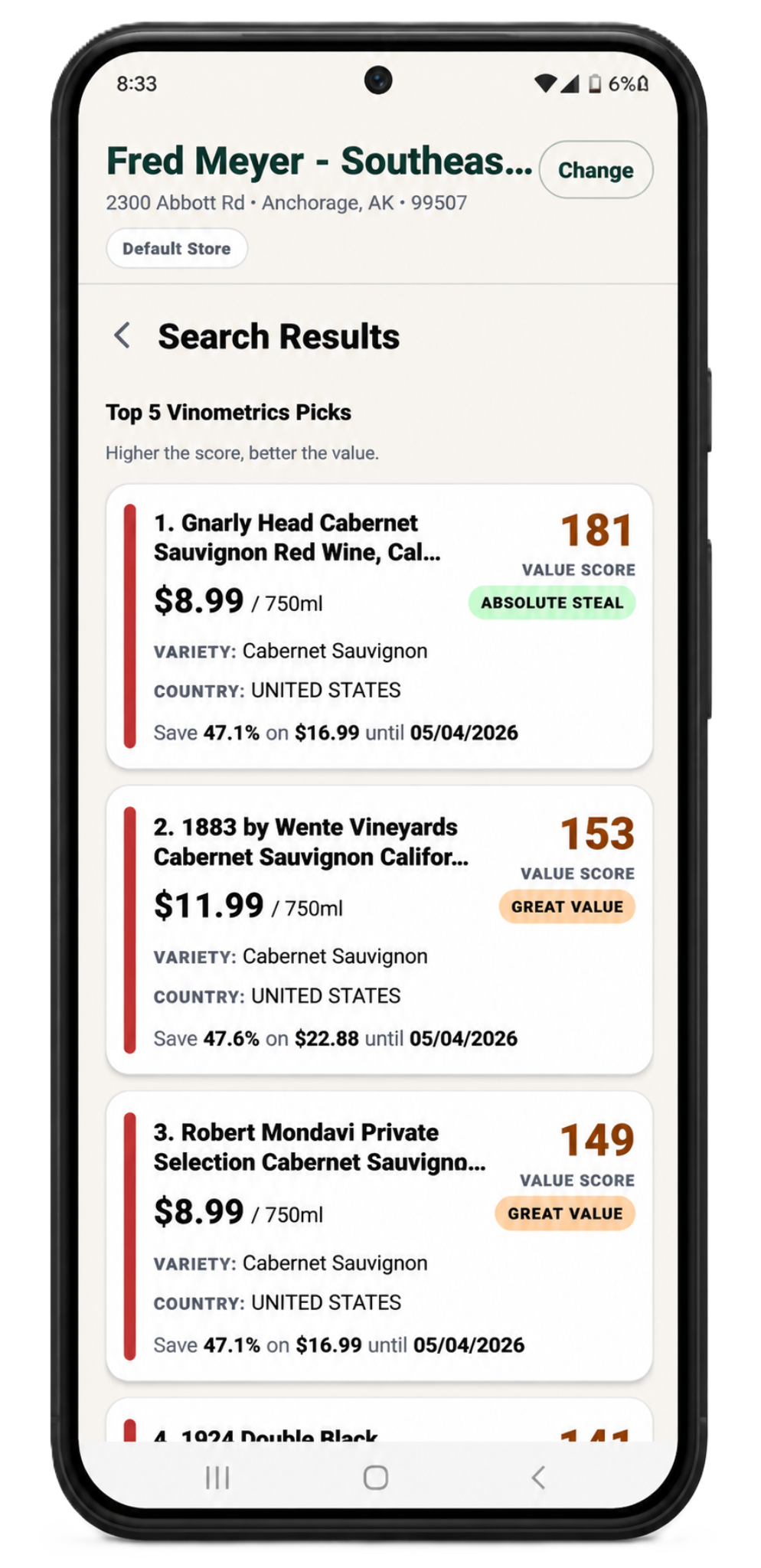 Vinometrics search results preview